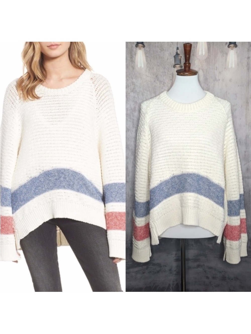Zadig & Voltaire Cream Crewneck ovSweater with Blue Chevron and Pink Sleeve Band